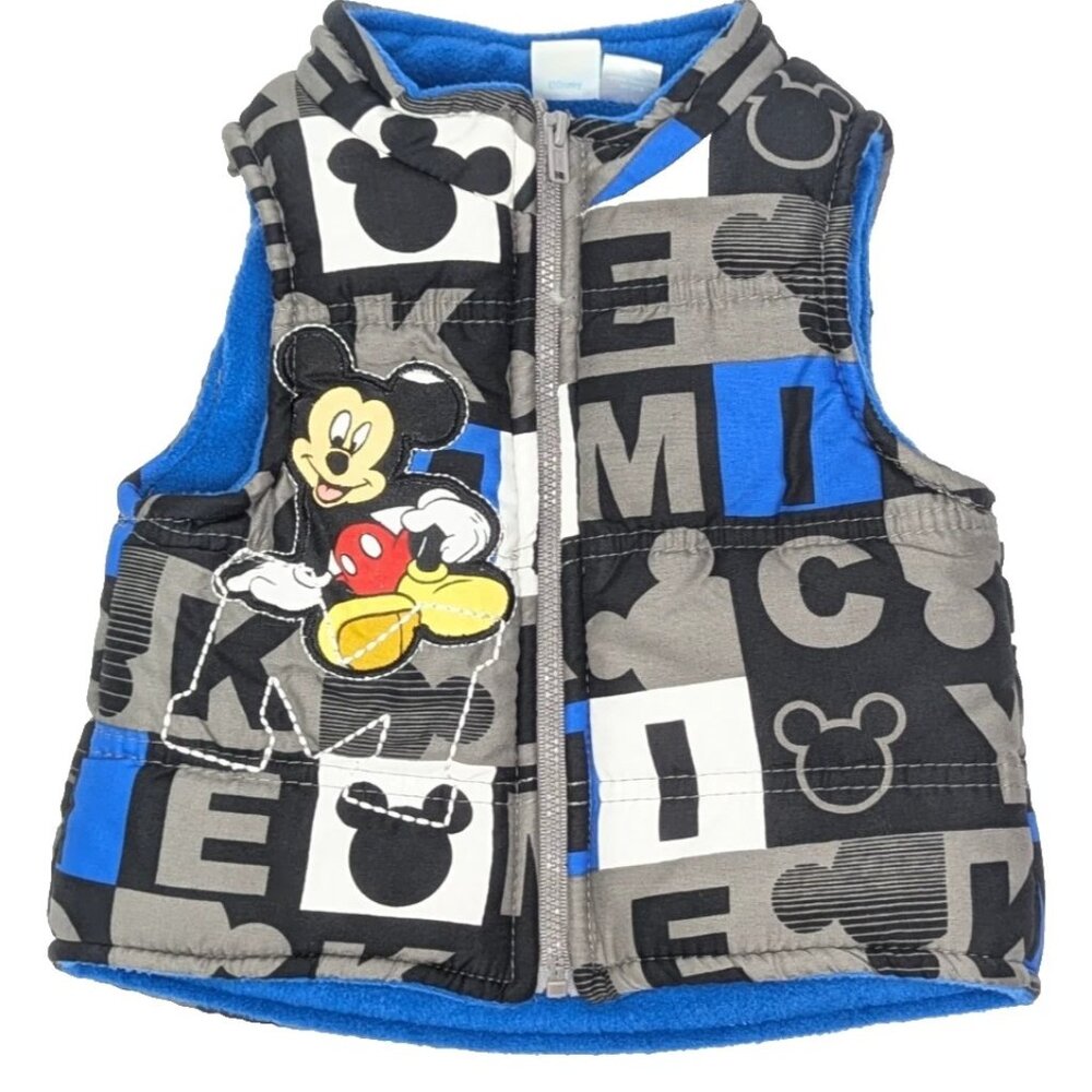 Disney Mickey Mouse Puffer Vest Boys 12 Months Fleece Lined Zip Front